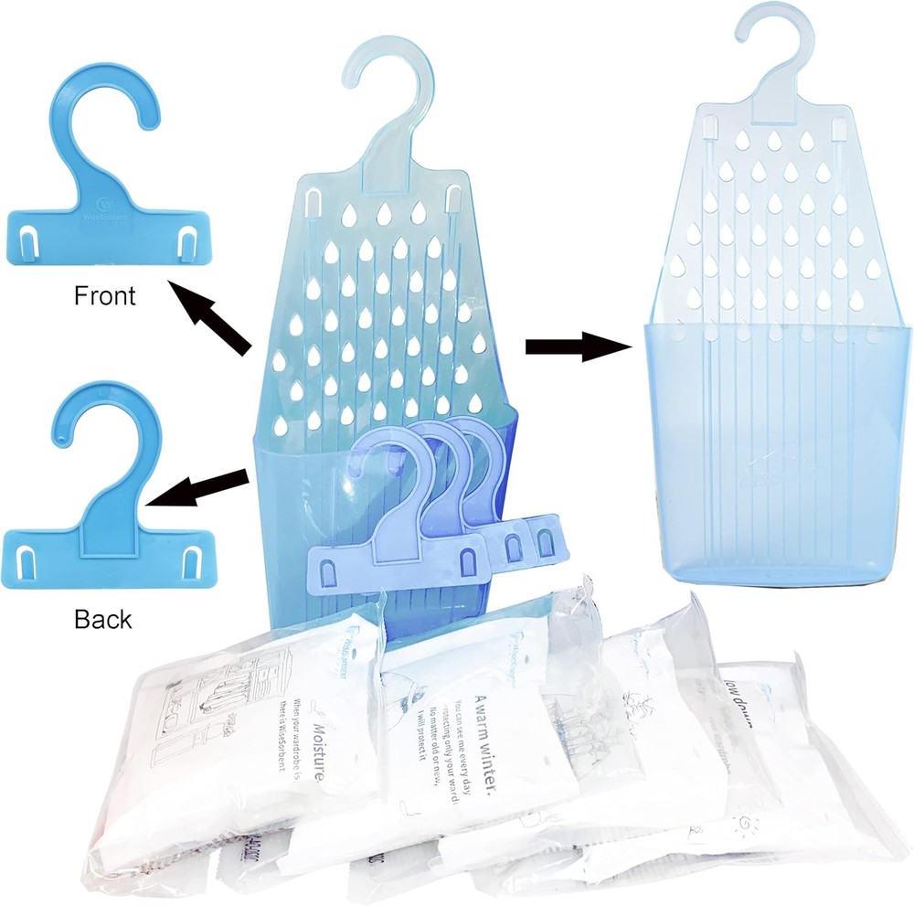 Moisture Absorber Packets with Plastic Case & Hook, Odor 4 Piece Set, Blue