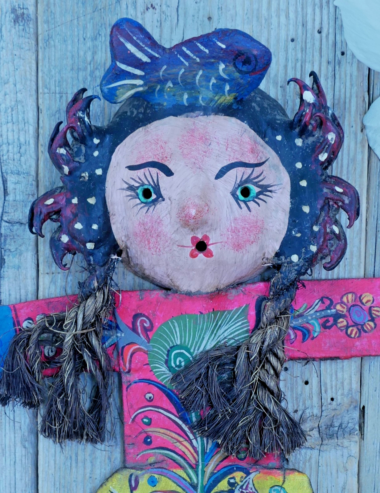 Girl Fish Hat Hand Painted Bird & Deer Handmade Canvas & Coconut Mexico Folk Art