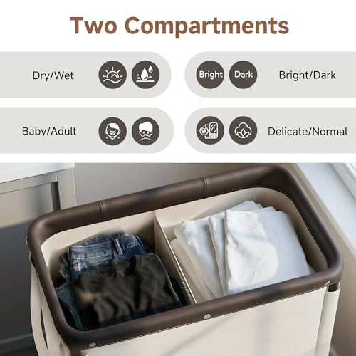 2 Section Laundry Hamper, Rolling Laundry Cart with 100L(2-Section) Beige