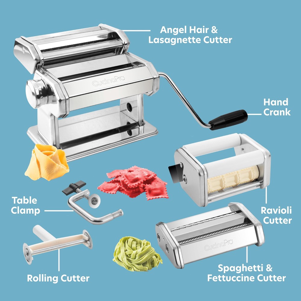 Pasta Maker Deluxe Set- Stainless Steel Machine w 3 Interchangeable Attachments-