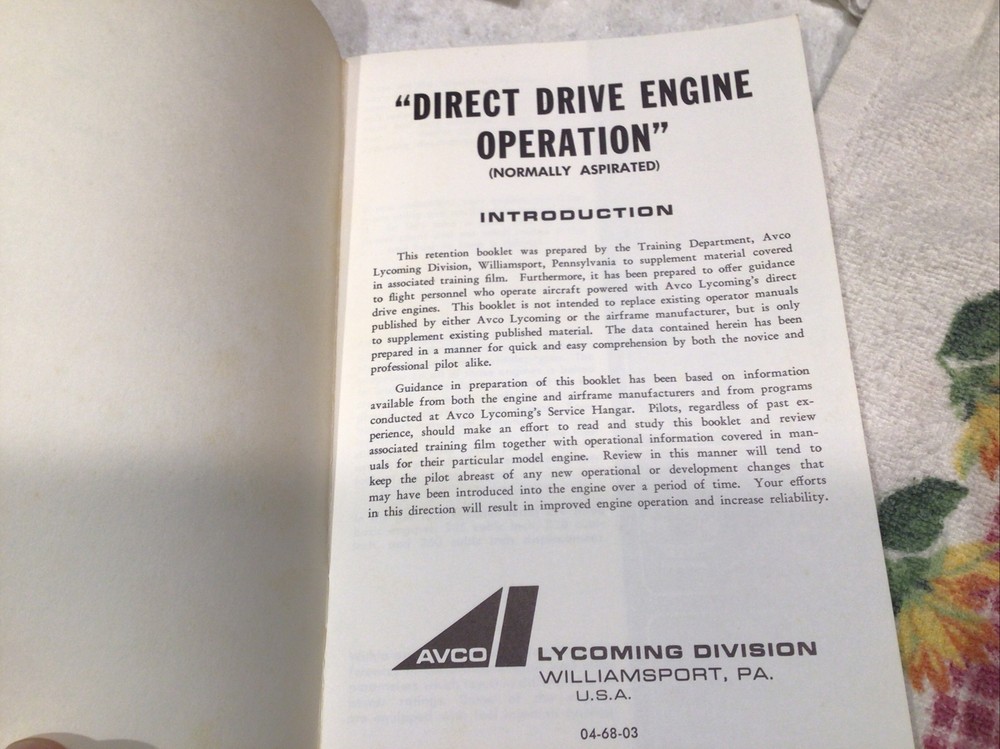 1968 AVCO LYCOMING "DIRECT DRIVE ENGINE OPERATION" Training Booklet