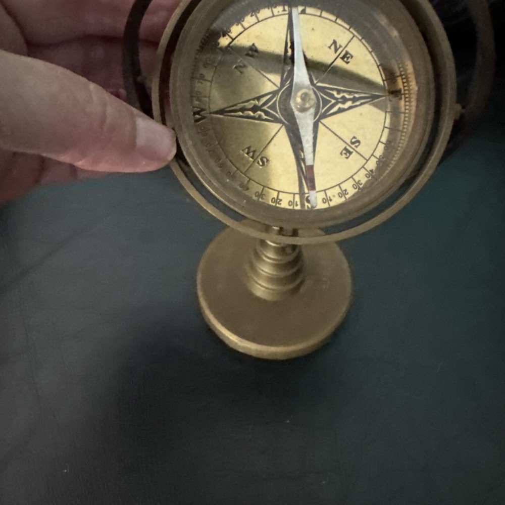 Vintage Solid Brass 7” Floating Gimbal Compass Nautical Decor