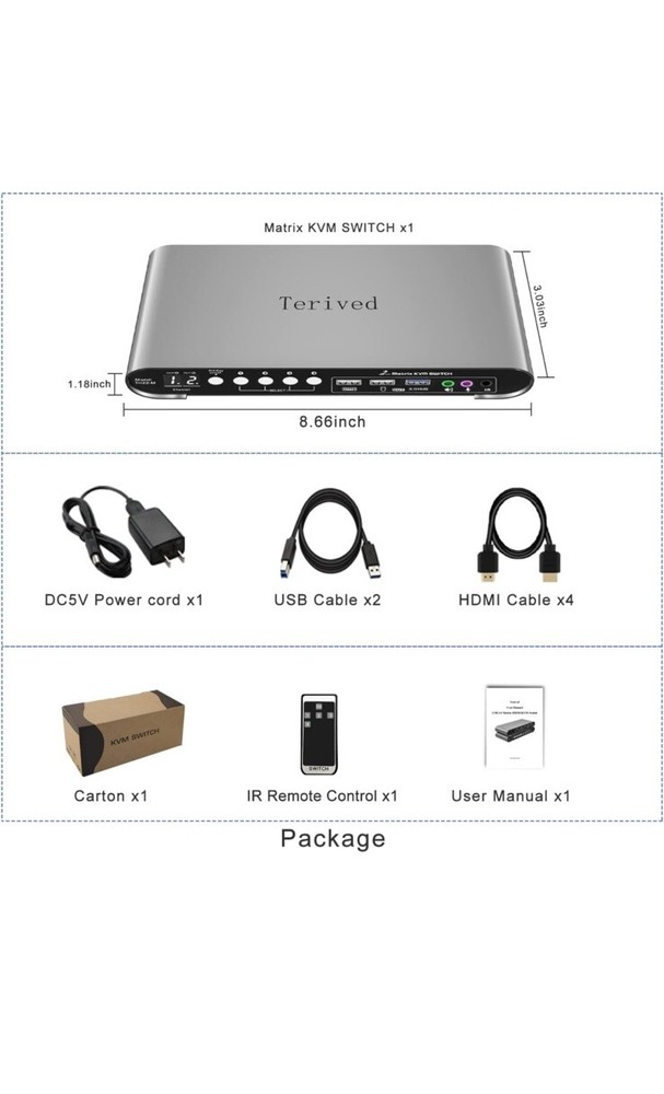 2 Computers 2 HDMI Monitors Matrix Automatic KVM Switch 4K@60Hz