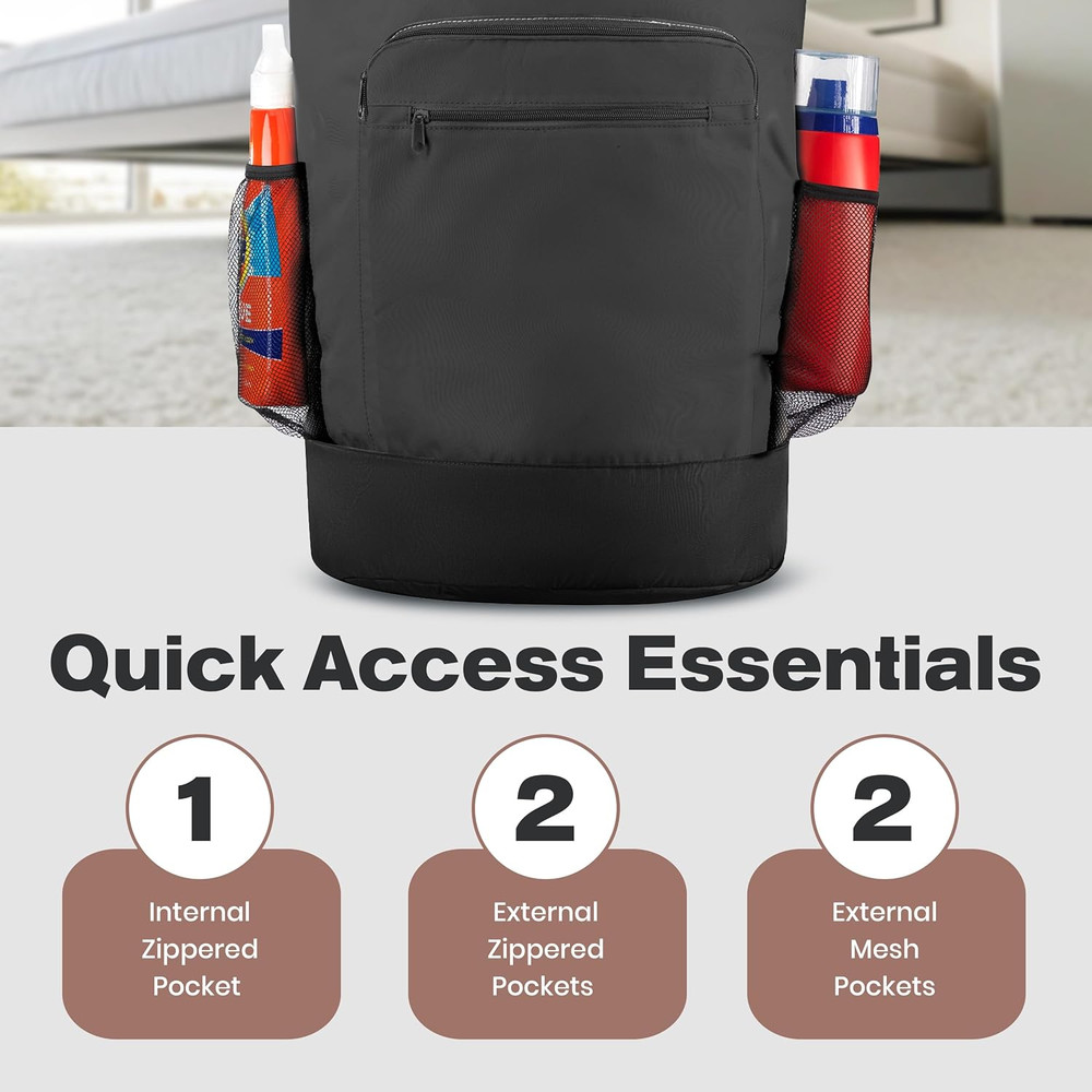 XL Backpack Laundry Bag – 3–4 Loads, Drawstring, Pockets, Adj. Straps, Black, WR