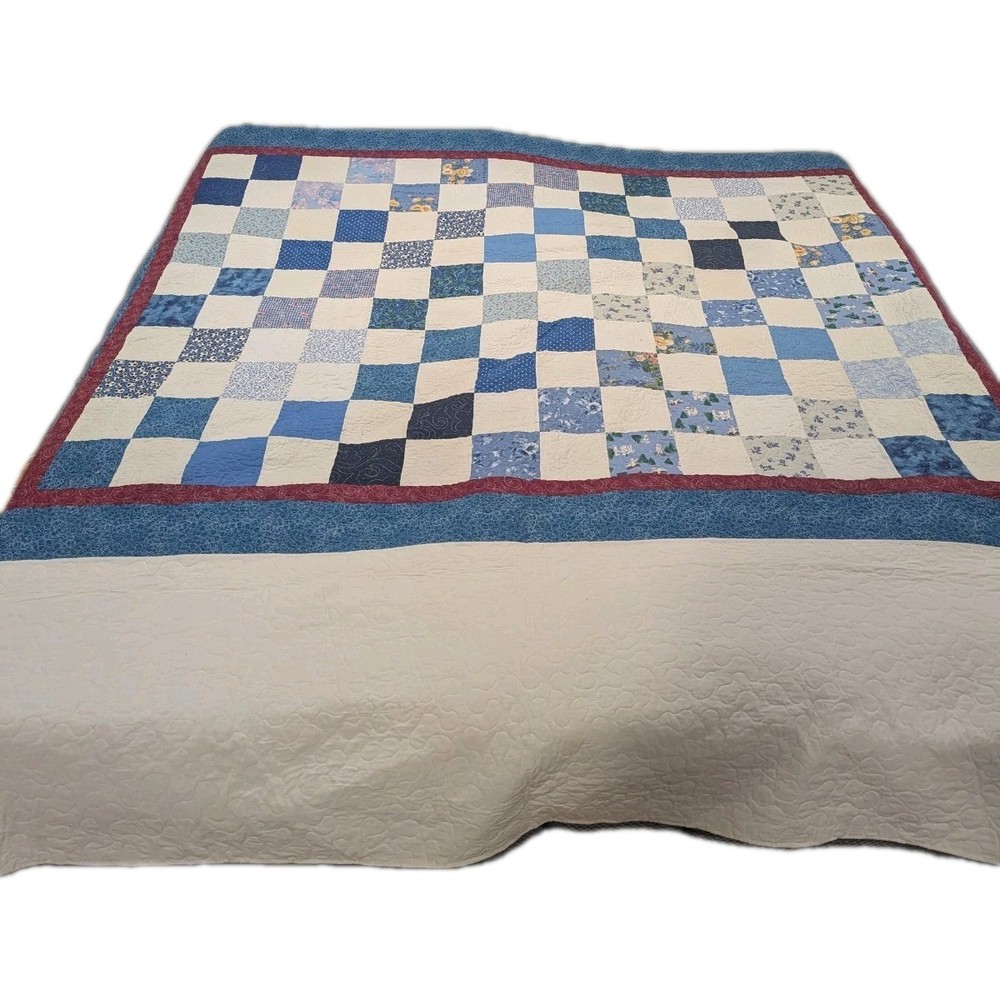 COUNTRY PATCHWORK QUILT King SZ BLUE WHITE Red 2 SIDED