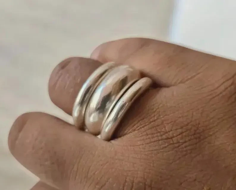Handmade 925 Sterling Silver Dome Ring Set: Solid 925 Silver Bands