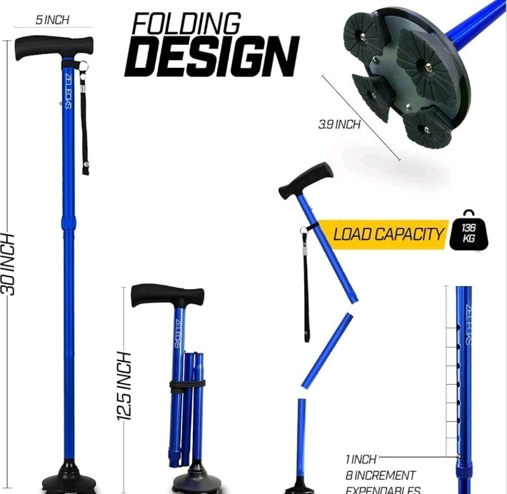 🩼 Zelecks Folding Cane 360° Pivot Base Adjustable Self-Standing Blue