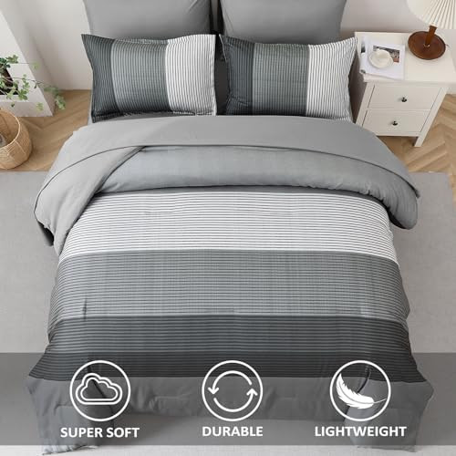 Comforter Set Reversible Striped Down Alternative Comforter for King Grey