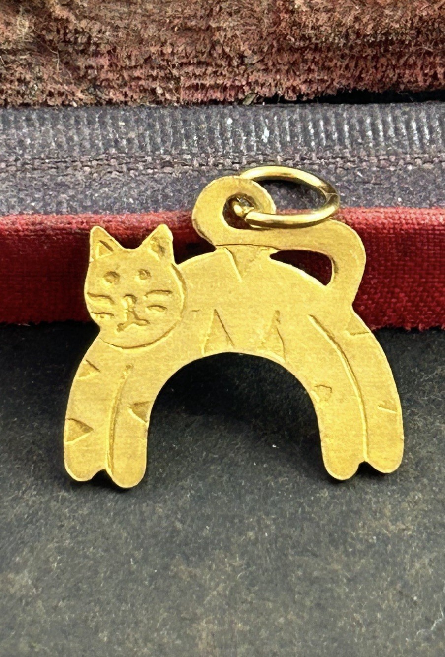 Vintage Cat Charm Necklace Pendant Kitten Kitty Vintage Jewelry Etched Brass