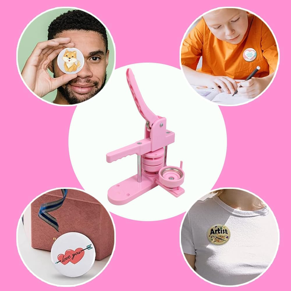 DIY Button Maker Kit - Interchangeable Sizes, Free Parts & Circle Cutter (Pink)