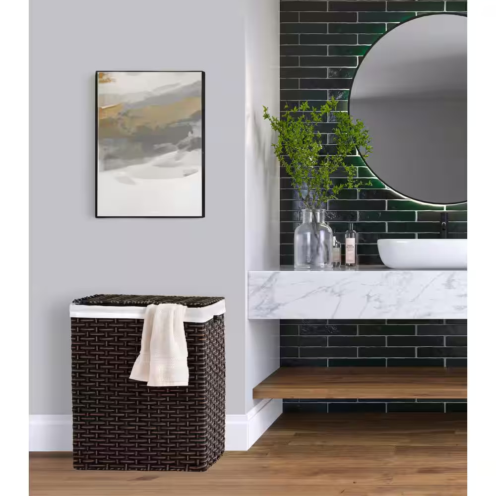 Laundry Hamper Basket Lidded Rectangular Brown Collapsible Wicker Washable Liner