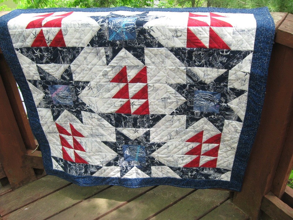 Tall Ship Flotilla Patchwork Quilt, 48" x 49", Lap or Wall, Original Design
