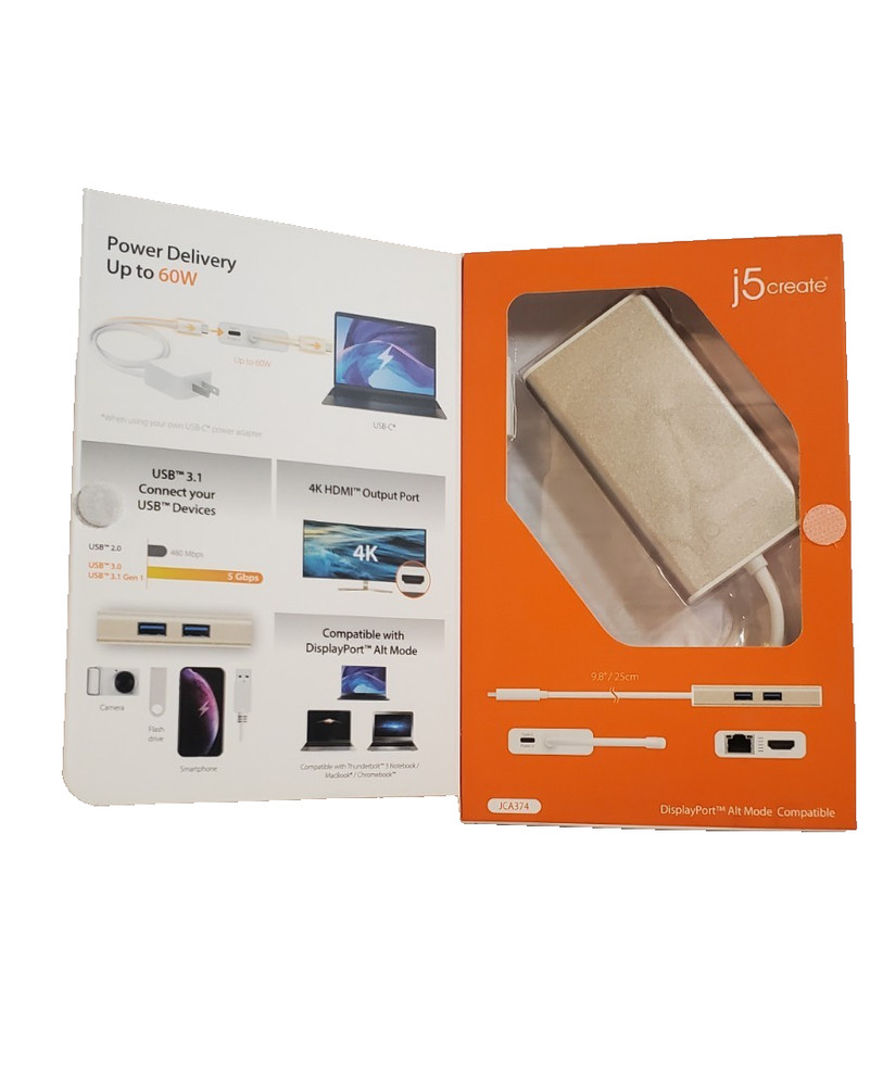 j5create - JCA374 - USB-C Multi Adapter HDMI, Ethernet/USB 3.1 HUB/PD 3.0