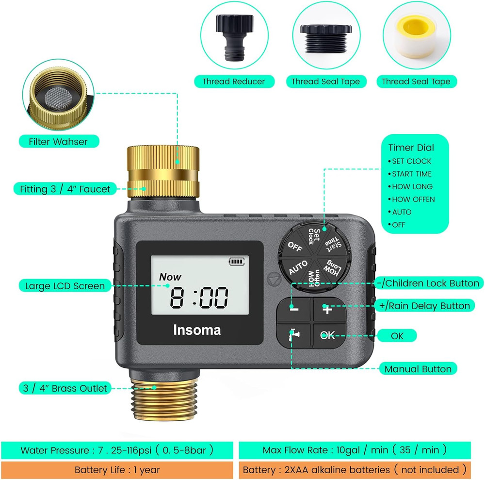 Sprinkler Timer with Brass Inlet and Outlet, Programmable Water Timer for Outdoo