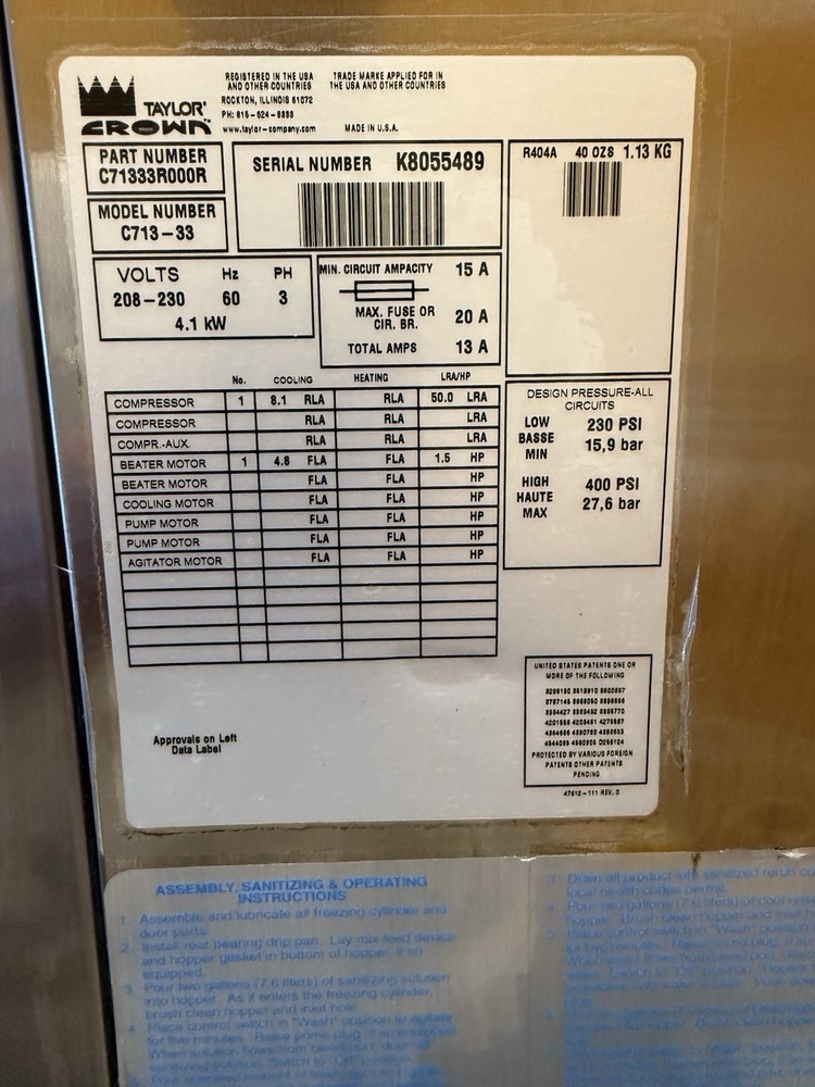 Taylor Soft Serve Machine 3 Handles