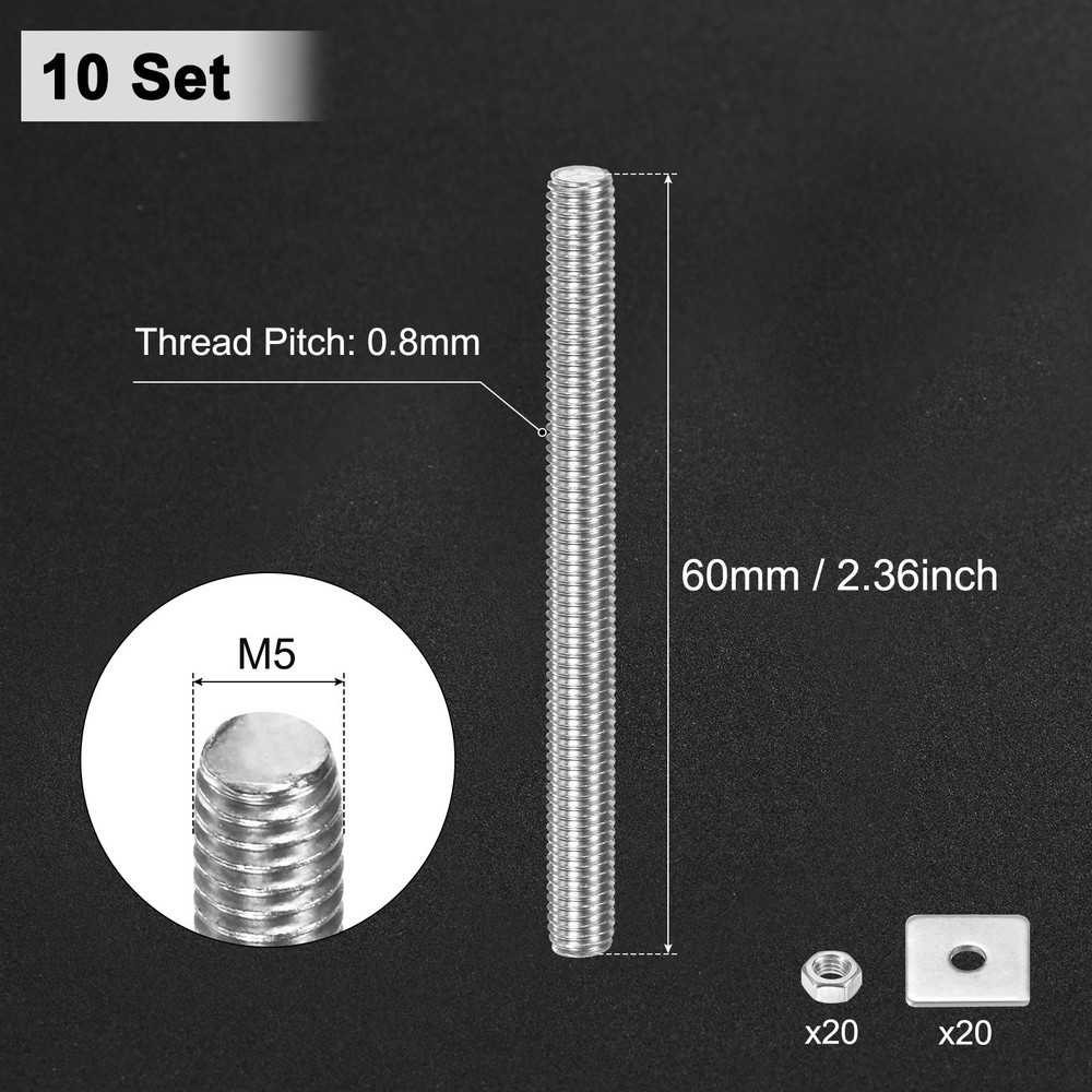 10-Set Fully Threaded Rod, M5x60mm Right Hand Thread Bar Studs with Nuts