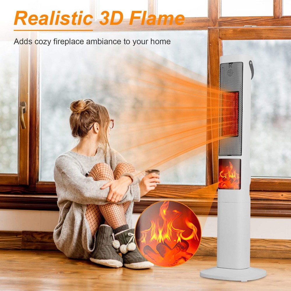 1500W Ceramic Tower Heater with 3D Flame & Remote Control