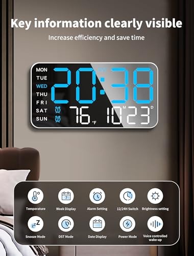 8.4''Large Digital Wall Clock, Led Alarm Clock with Big Digits, Date, Blue