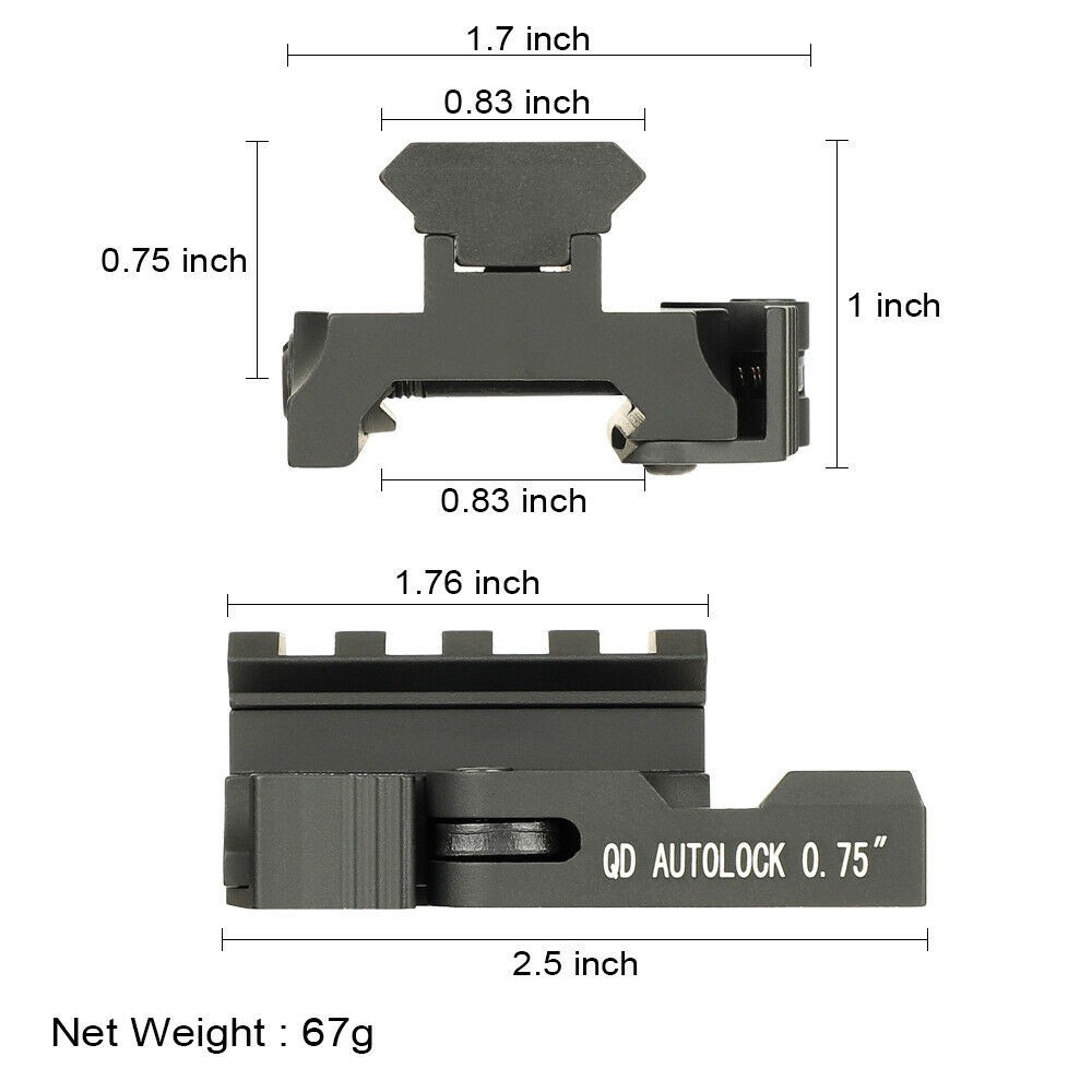 0.75" Mini Red Dot Scope QD Riser Block Mount Angled Picatinny Base Rail