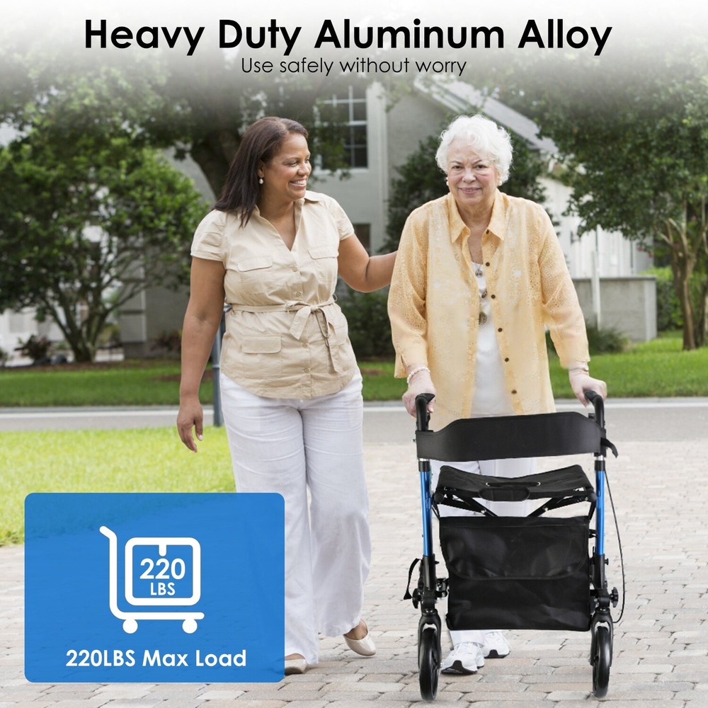 Aluminum Rollator Walker & Seat Backrest Rolling Walker Adjustable Black Walker