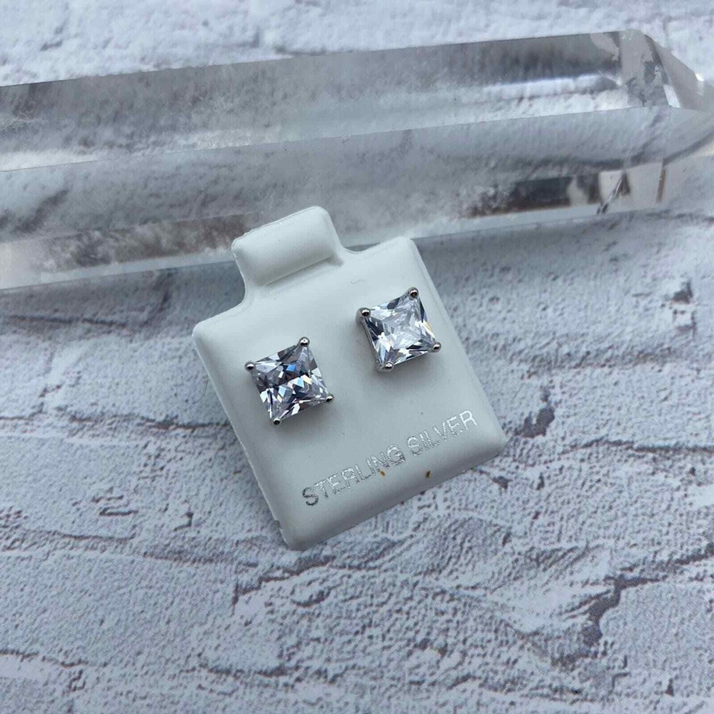 Sterling Silver 6mm Square Clear CZ Stud Earrings