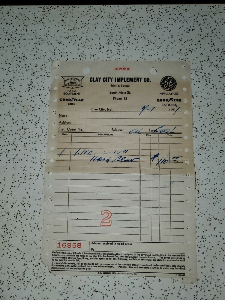 1957 Invoice CLAY CITY IMPLEMENT CO. / JOHN DEERE / GOODYEAR / G.E.
