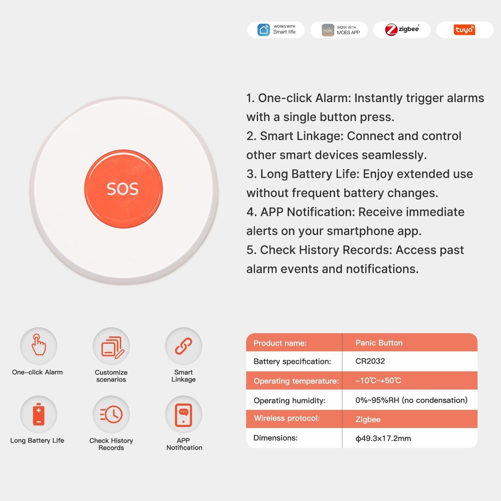 Tuya ZigBee SOS Button Sensor Alarm Elderly Children Life App Remote Control