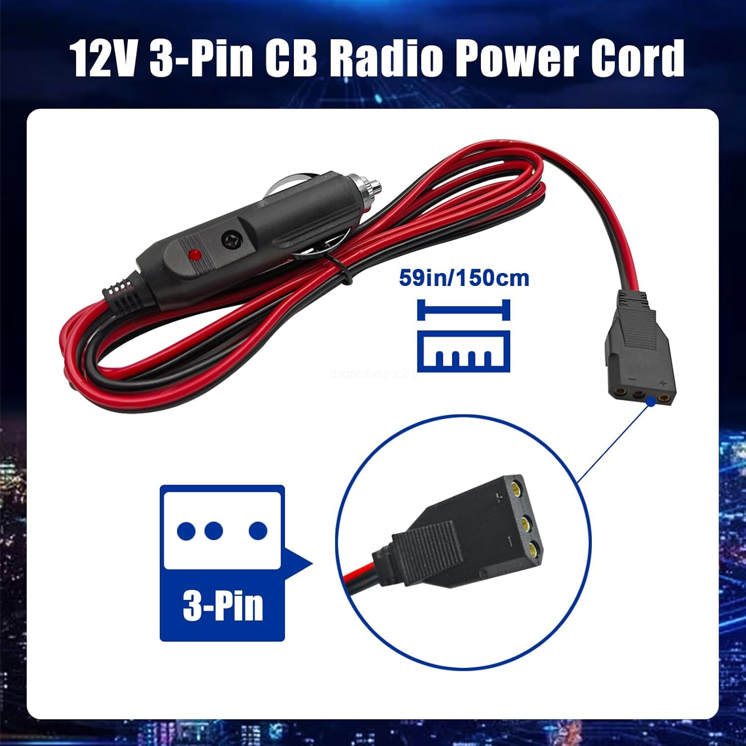 CB Ham Radios Power Cord 3-Pin Plug & Car Cigarette Socket 12v for Cobra Ranger