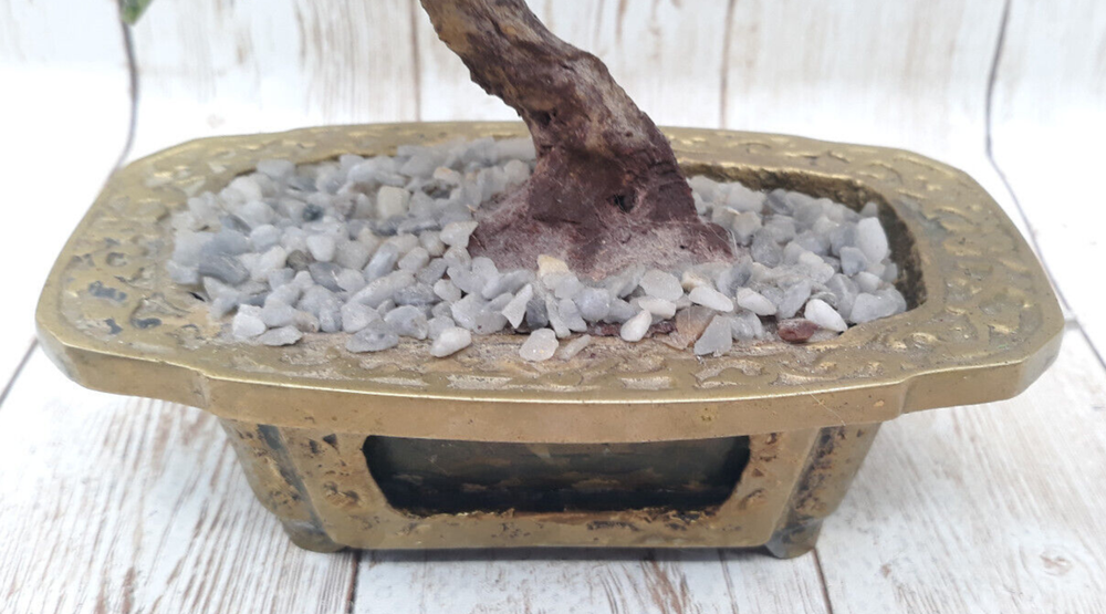 Hand Crafted Chinese Jade Bonsai Eucalyptus Tree Brass Base