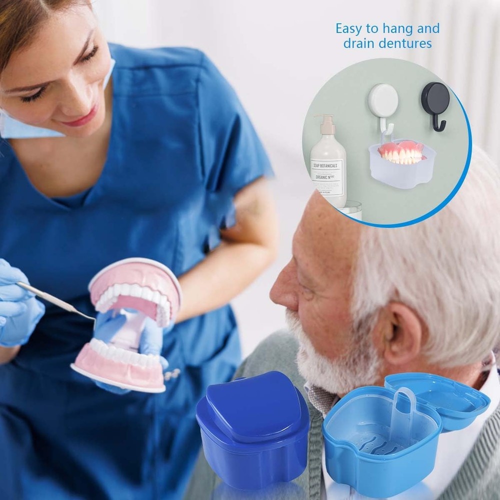 White Denture Bath Case Cup Box Holder Storage Soak Container with Strainer B...