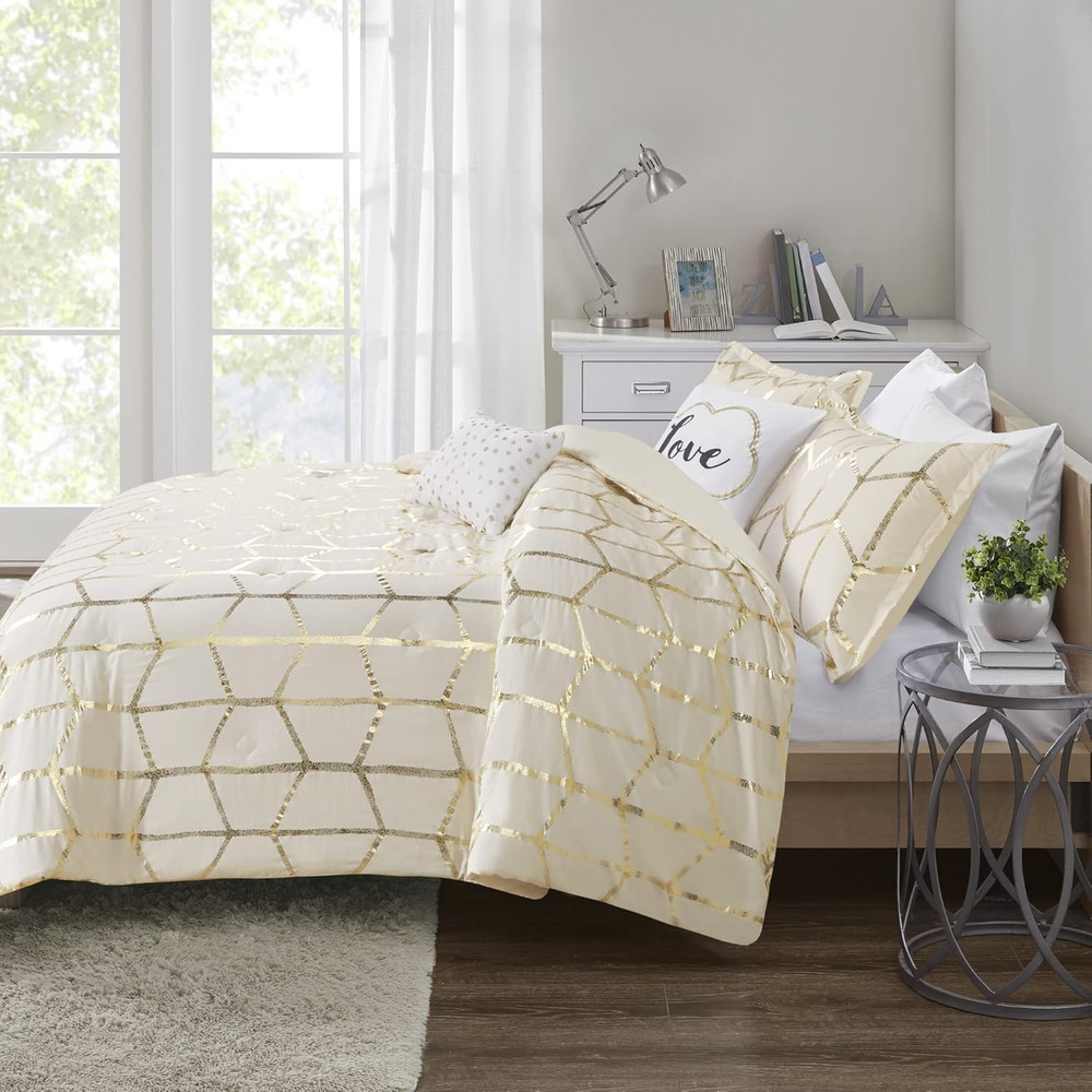 Raina King/Cal King Comforter Set, Soft Microfiber, Modern Geometric Metallic Be