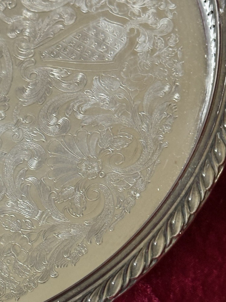 VTG Silver-plate 13” Tray Oneida USA with Scroll Etching Raised Rim Pierced.