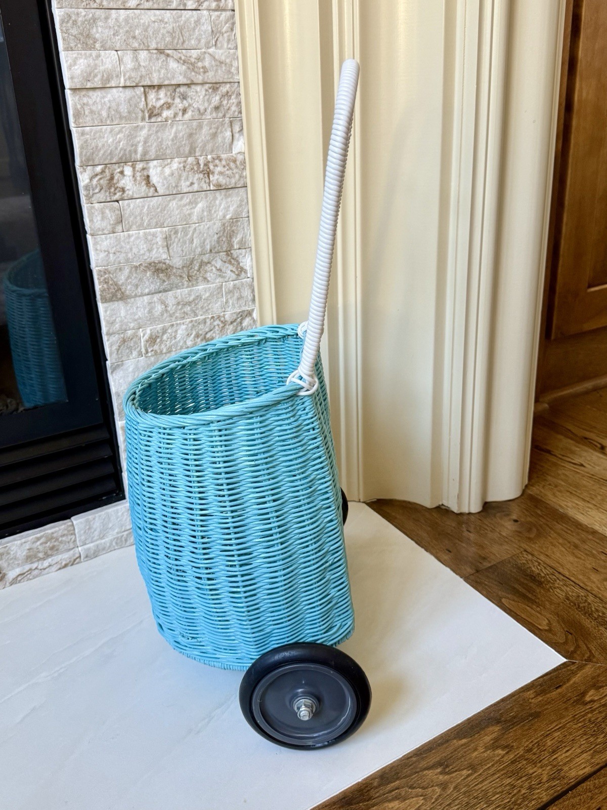 Antropologie Olli Ella Blue Rattan Luggy Cart Trolly Children Kids Wheel Basket