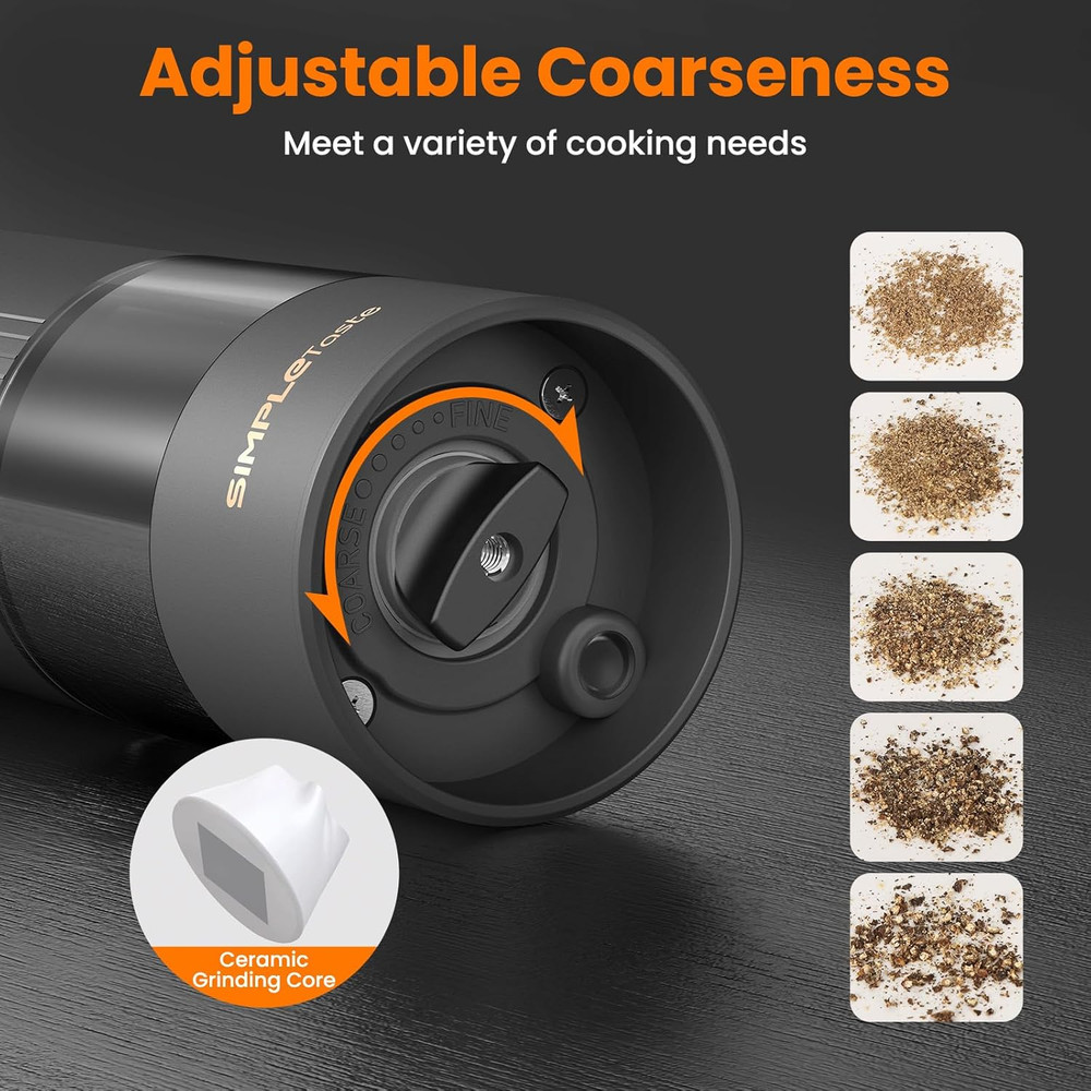 Electric Salt Pepper Grinder Set Rechargeable LED Adjustable Black