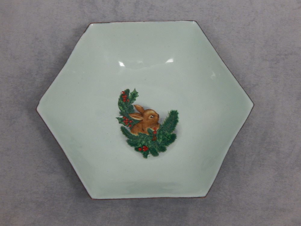 Enamel on Copper Dish Holiday Rabbit Pattern