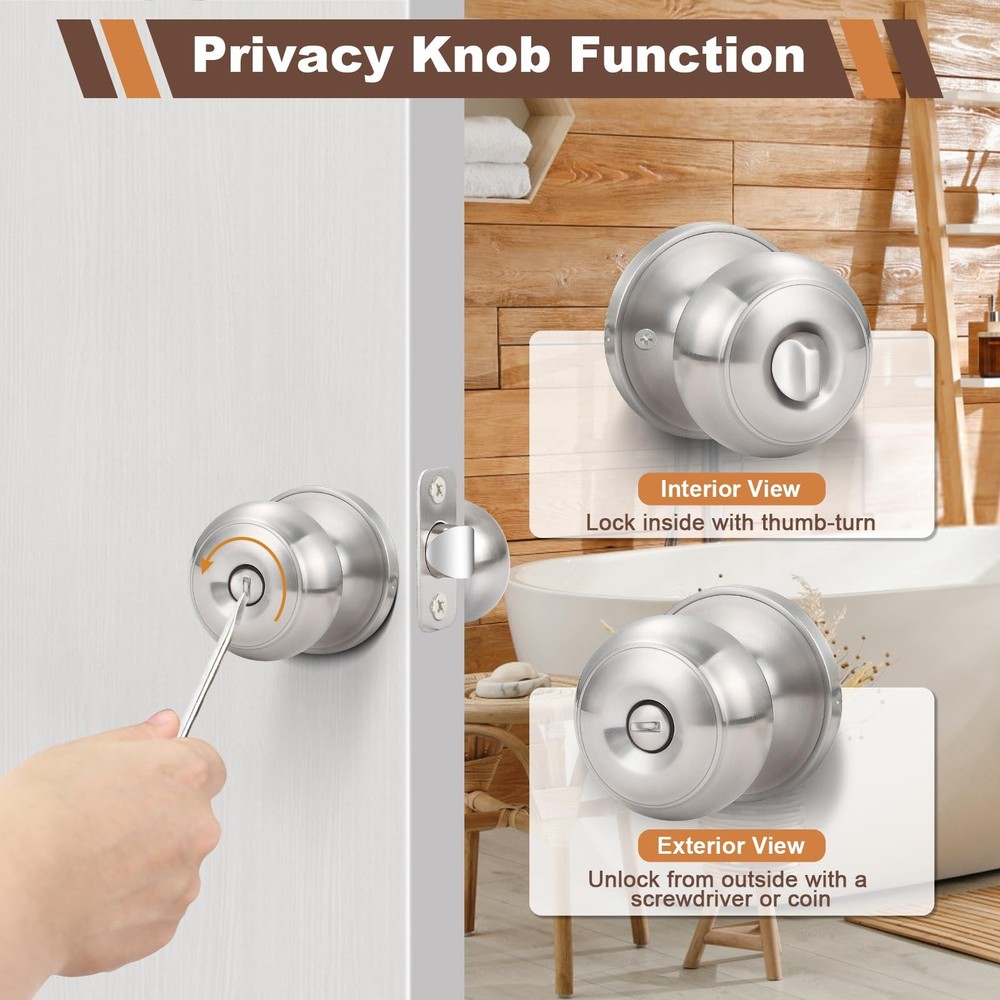 10 Pack Home Improvement Bed/Bath Room Door Knobs, Brushed Nickel Privacy Doo...