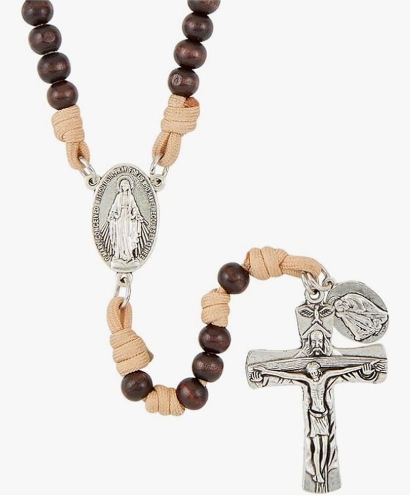 Sleeping Saint Joseph Wood & Cord Rosary 8mm Beads Trinity Crucifix 15.5”