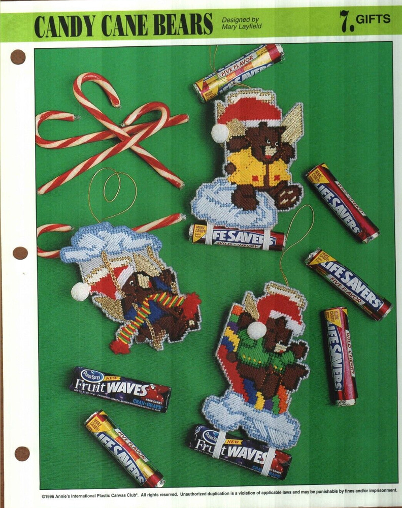 NEW CANDY CANE BEARS CHRISTMAS ANNIES PLASTIC CANVAS PATTERN INSTRUCTIONS