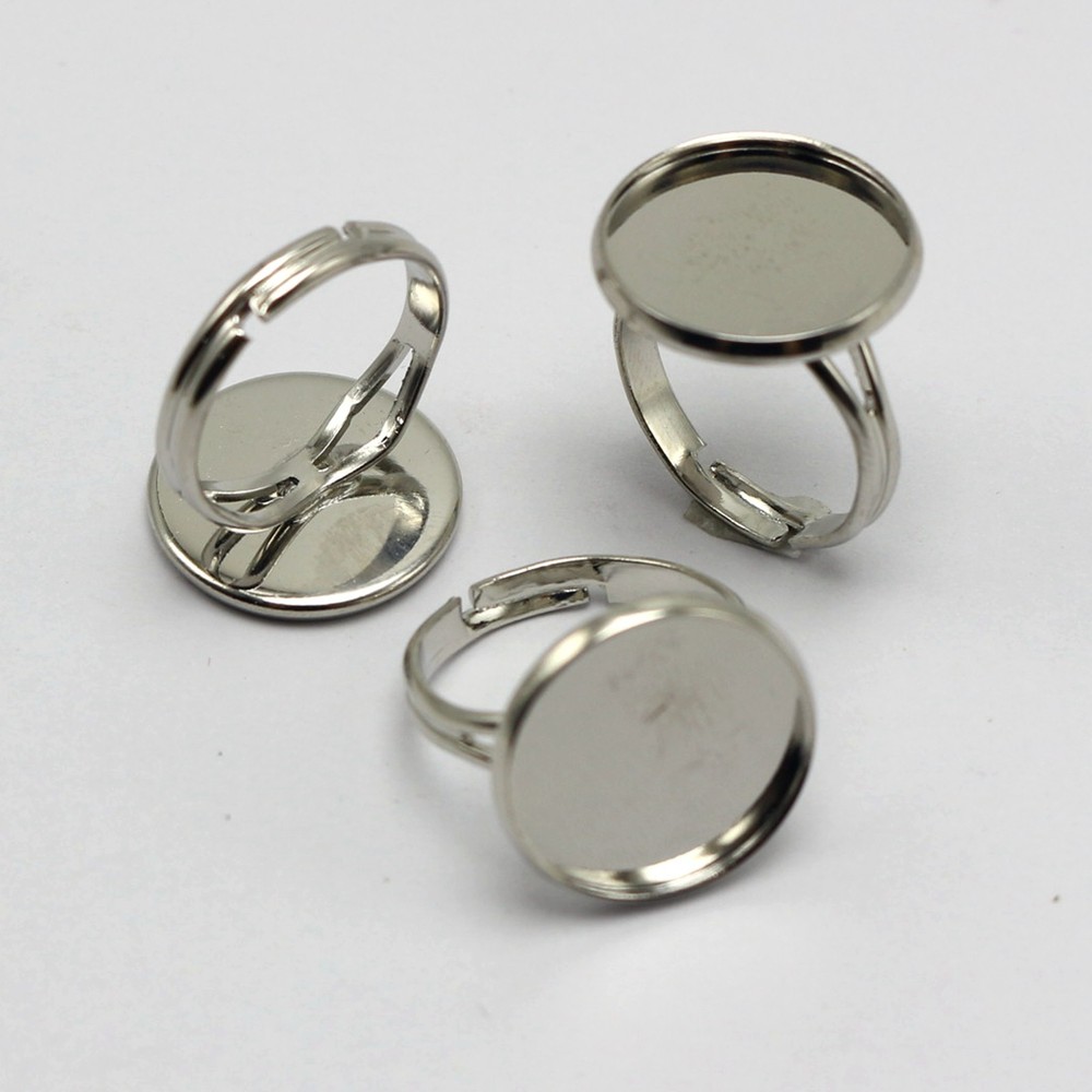 20 Silver Tone Adjustable Ring Round Blank Cabochon Pad Bezel Setting Cup 16mm