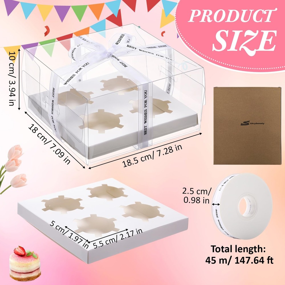 24 Pack Cupcake Boxes Set, 4 Count Cupcake Containers with Ribbon Clear Muffi...