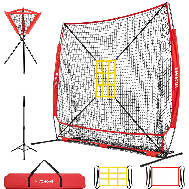 7x7ft Baseball Softball Practice Net with 2 Strike Zone Batting Tee & Carry Bag