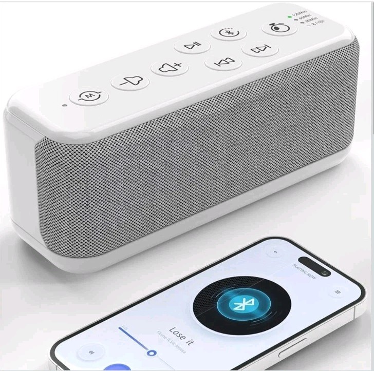 Bluetooth White Noise Machine, 15 Sounds, Timer, Memory, Portable, White/Gray