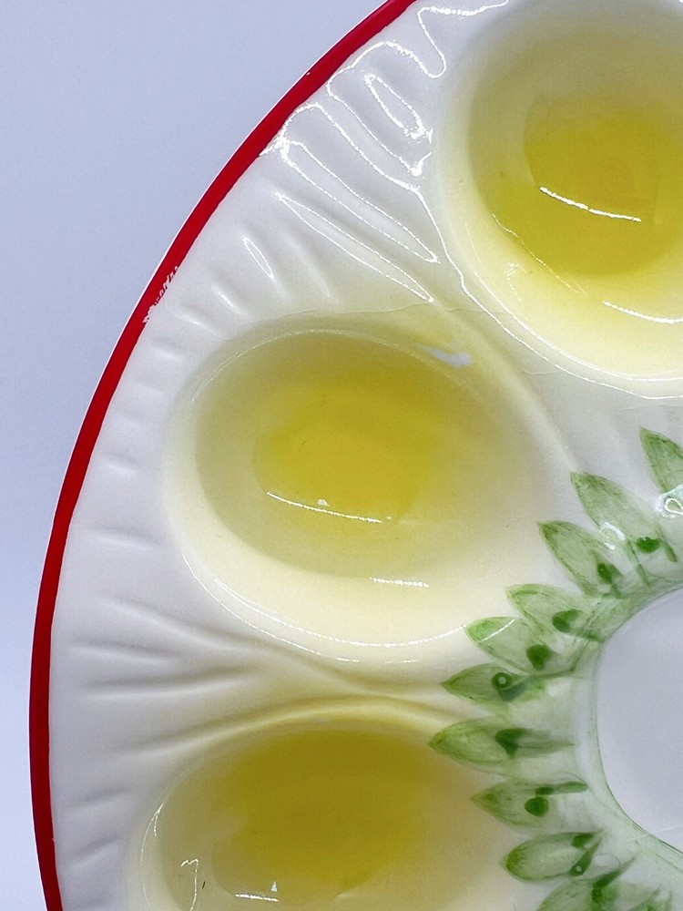 Vintage Ceramic ?Enesco Easter deviled eggs platter round, green/yellow/red 9”