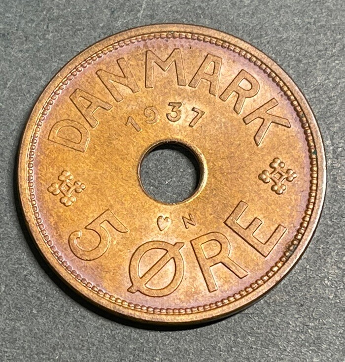 1937 Denmark 5 Ore Coin High Grade
