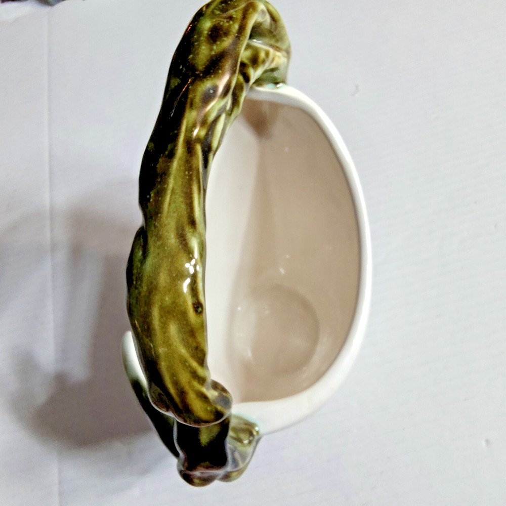 VTG Ceramic Basket Vase Green Grapes Relief Handle Grape Leaf Decor 9"