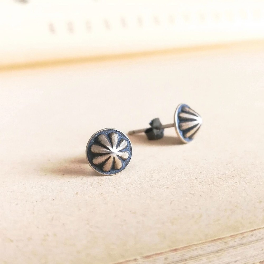 Oxidized 925 Sterling Silver Tiny Concho Small Stud Earrings Southwestern Unique