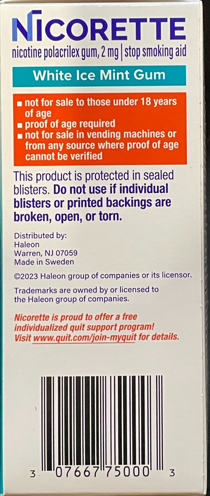 Nicorette White Ice Mint Nicotine Gum 2mg - 200 Count Exp 01/2028