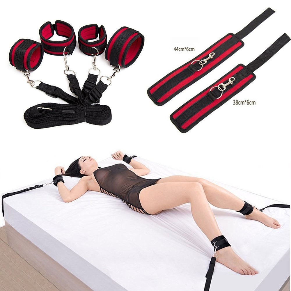 Red BDSM Bed Restraint Kit Soft Adjustable Straps Bondage Set for Lovers