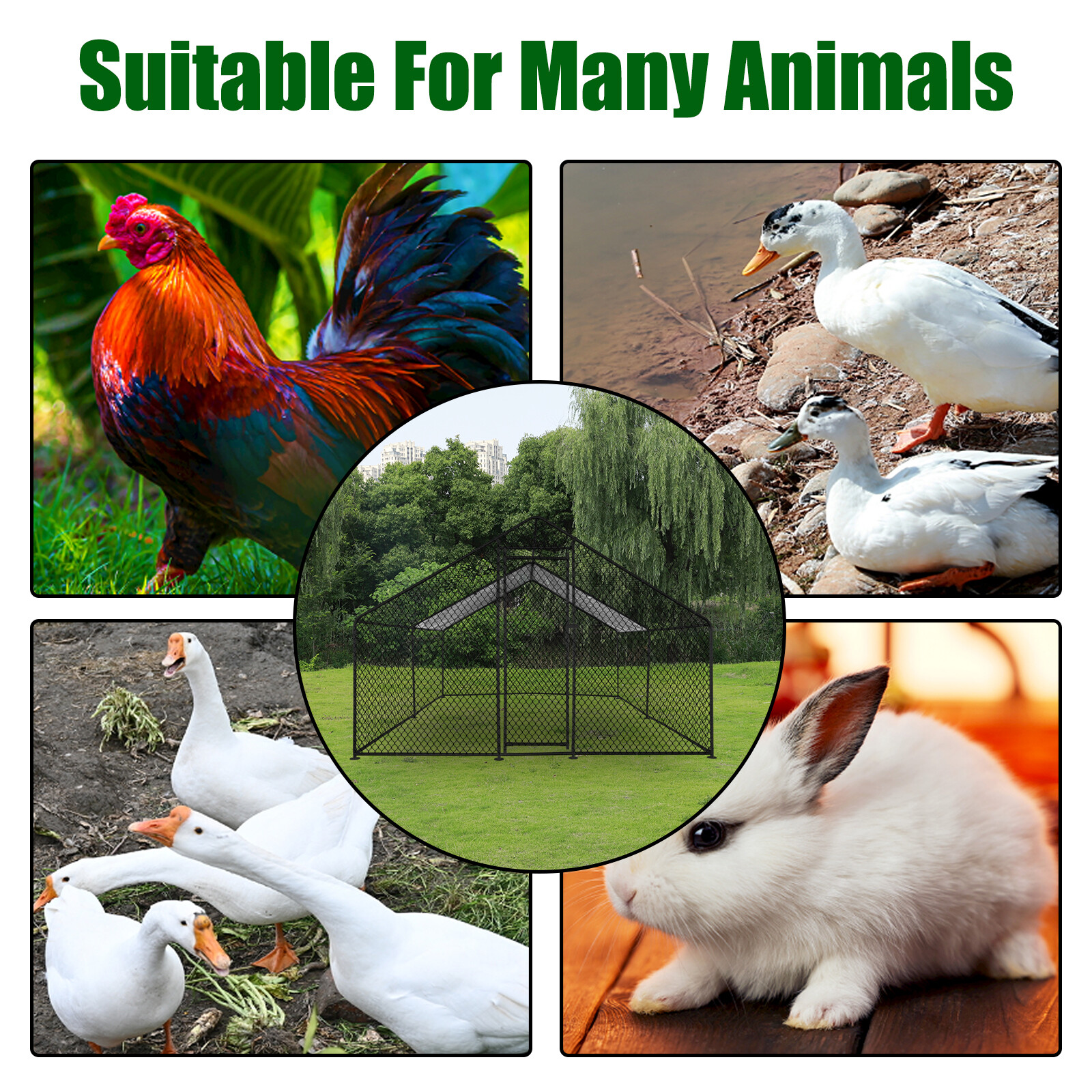 10x10x6.6 ft Large Metal Chicken Coop Walk-In Chicken Run Peaked Roof Farm Yard