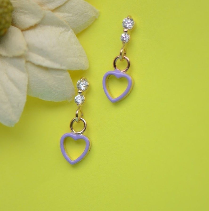 14K Solid Yellow Gold Heart Shape Dangle Earring with Enamel
